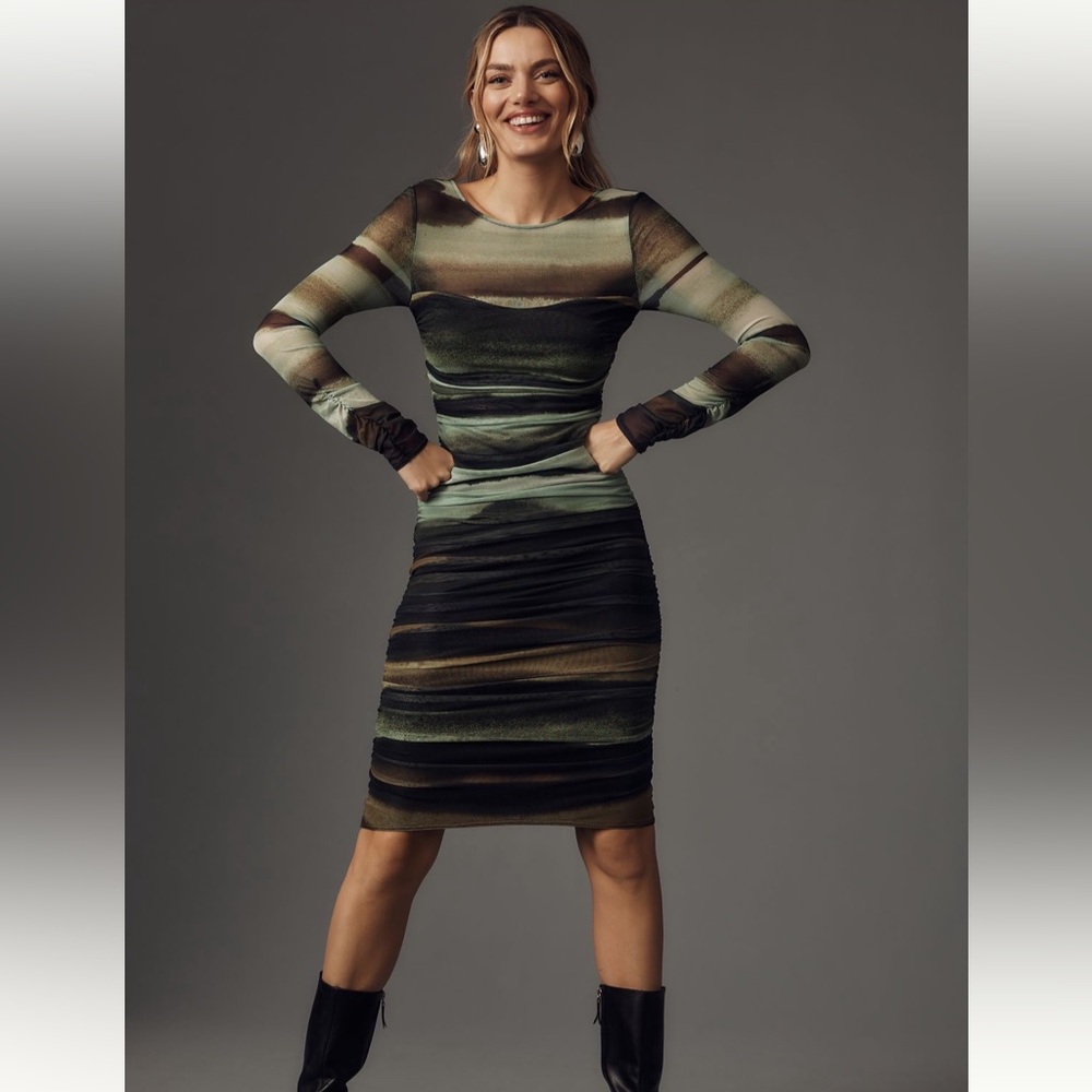 Chic Striped Long Sleeve Dress in Green and Black